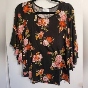 Elegant Black Blouse with Lace Trim and Bell Sleeves